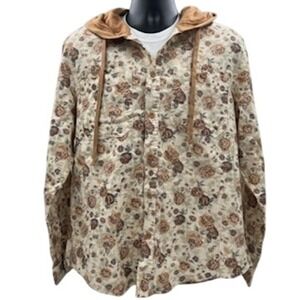 Original Use Mens Khaki Floral Hooded Button Down Shirt Long Sleeve Large NEW